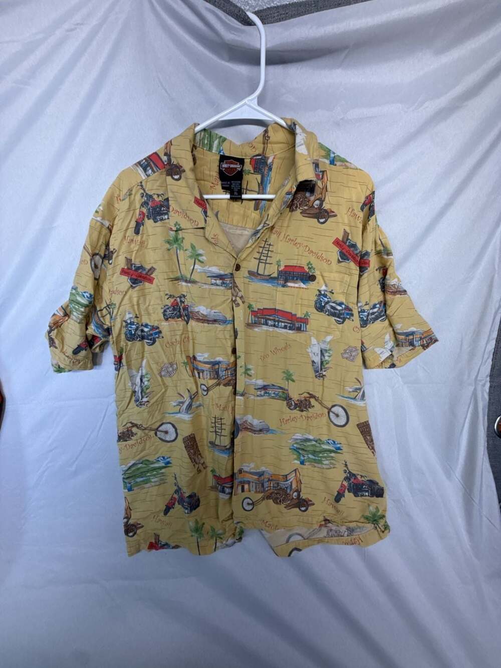 Vintage y2k Harley-Davidson Tori Richard Hawaiian Shirt Size XL Yellow Motorcycl